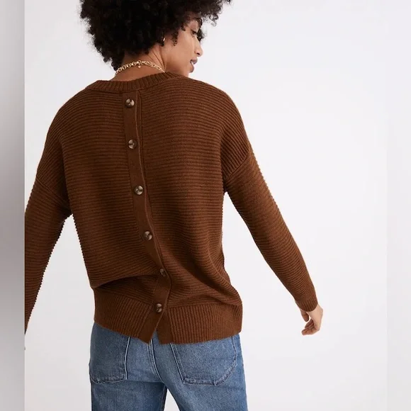 ⭐️ Madewell Greensboro Button-back Ribbed Sweater Heather Cinnamon Brown LARGE - Picture 2 of 13